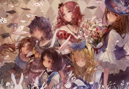 Alice in Wonderland - anime, queen, girl, flower, boy, cards, manga, white, red, alice in wonderland, bow