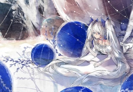 Hatsune Miku - hatsune miku, girl, ball, christmas, white, blue, anime, mistletoe, manga