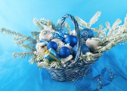 Blue ornaments - ornaments, white, decoration, basket, tree, blue, christmas, green