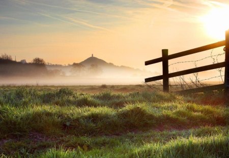 grassy field at sunrise - fence, field, mist, sunrise, grass