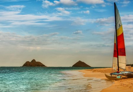 catamaran on a beautiful beach - islands, clouds, beach, boat, sea