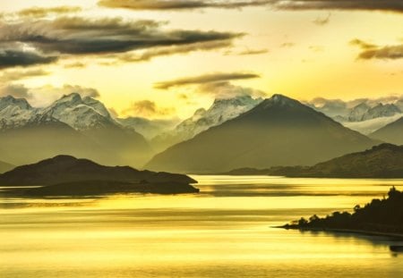 golden valleys in new zealand - clouds, valleys, golden, mountains, bay