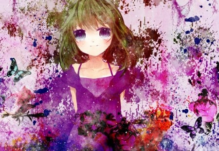 Gumi - girl, blue eyes, anime girl, vocaloid, anime, gumi, green hair, dress, butterflies