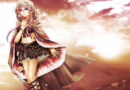 Megurine Luka - sky, girl, blue eyes, long hair, pink hair, anime girl, vocaloid, megurine luka, anime, dress