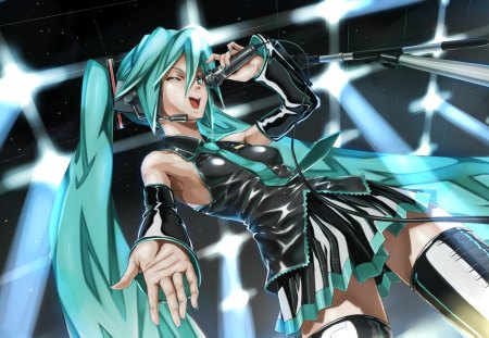 Hatsune Miku - singing, anime, anime girl, vocaloid, twintails, girl, hatsune miku, long hair, headphones, blue hair, blue eyes