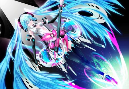 Hatsune Miku - anime, anime girl, vocaloid, twintails, girl, hatsune miku, long hair, guitar, headphones, blue hair, blue eyes