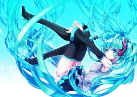 Hatsune Miku - hatsune miku, girl, twintails, blue eyes, long hair, anime girl, blue hair, vocaloid, headphones, anime, dress