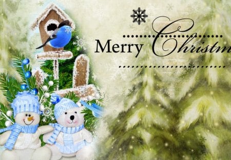 Snowman and Teddy Bear - snowman, whimsical, bird houjse, bluebird, winter, snowflakes, bird, christmas, frost, snow, sweet, tree, teddy bear, feliz navidad