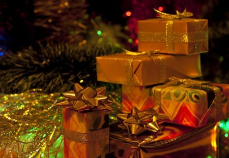 Christmas Presents - gold, boxes, gifts, christmas