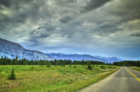 road along a mountain range hdr - mountains, meadow, road, clouds, hdr