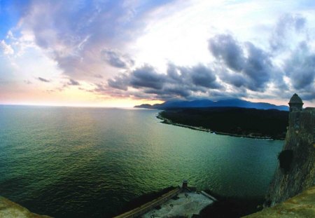 fort overlooking bay in santiago cuba - clouds, shore, fort, bay