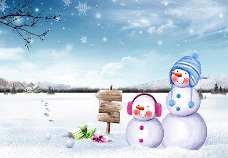 Cute snowmen - pretty, gifts, snowflakes, snow, eve, deep, holiday, field, friends, nice, smiling, sky, snowmen, winter, beautiful, lovely, sweet, christmas, nature, noel, funny, new year, cute