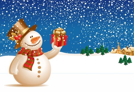 Snowman with gifts - fun, gifts, snowflakes, cabin, snow, eve, clipart, joy, holiday, frost, smiling, cottage, sky, house, snowman, winter, village, christmas, colorful, smile, frozen, white, noel, new year, cold, cute