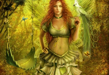 Forest Fairy - forest, butterflies, fantasy, red head, swing, fairy, birds, autumn