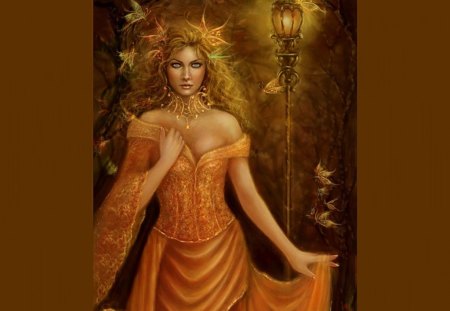 Woman in Orange - fantasy, woman, lamp post, butterflies, orange