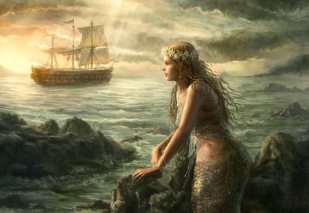 Waiting For Ships - clouds, mermaid, ships, sea, fantasy, rocks