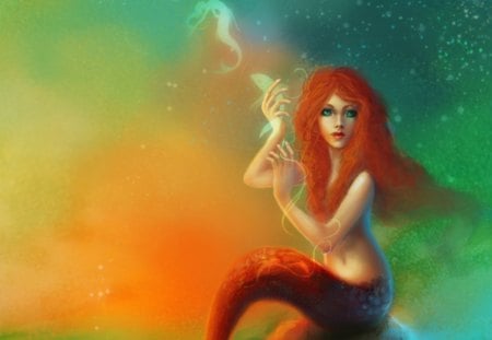 Dances at Sunset - fntasy, colorful, sunset, mermaid, stars