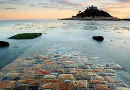 under water stone causeway to castle island - stone, castle, island, sea, causeway