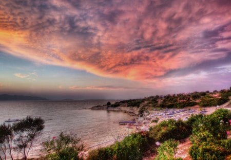 outstanding beach scape hdr - umbrellas, beach, trees, clouds, hdr, sea