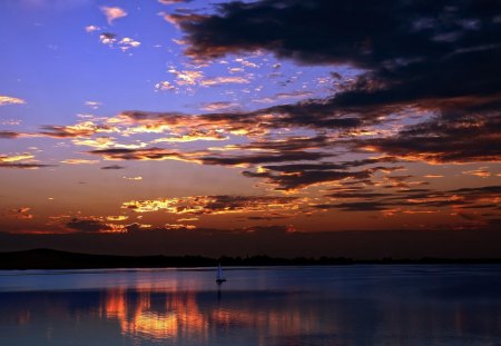 sailing home at sunset - sailboat, sunset, sea, clouds