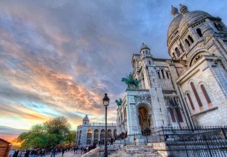 cathedral at sunset in montmartre france hdr - cathedral, trees, sunset, people, domes, hdr