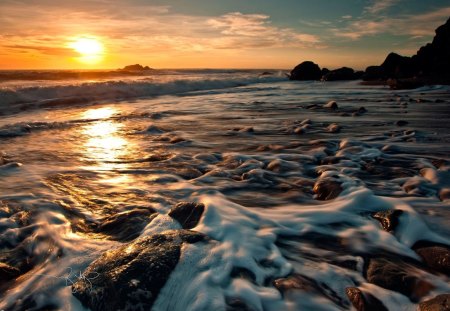 sunset over surf - surf, rocks, beach, sunset, waves