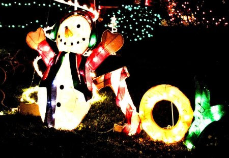 Christmas Joy - lights, joy, snowman, christmas, lawn lights, ornaments, holiday, decorations, colorful