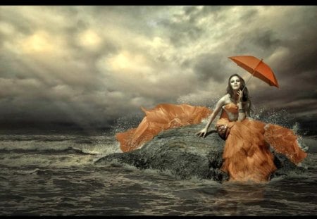 Enjoying the elements - water, orange, ocean, umbrella, woman