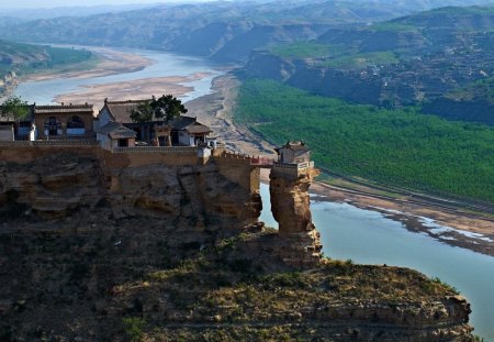 awesome temple at the yellow river china - hill, river, shores, cliff, temple