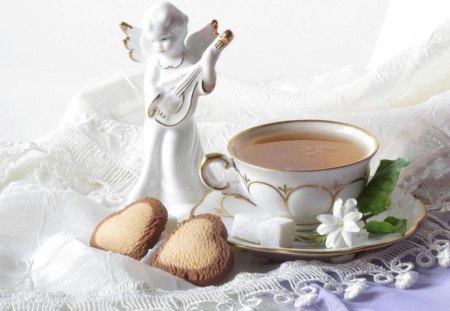 Good Morning - morning tea, angel, cake, flower, cup, sugar