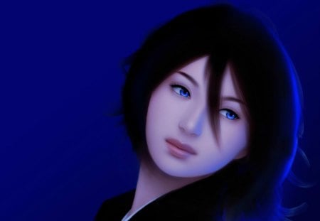 Kuchiki Rukia - anime, female, realistic, rukia kuchiki, girl, blue background, bleach, rukia, kuchiki rukia, black hair, blue eyes