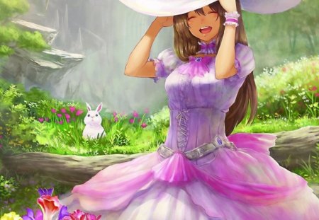 Anime Pink Girl In Nature - nature, rabbit, girl, hat, pink, anime, easter, fantasy