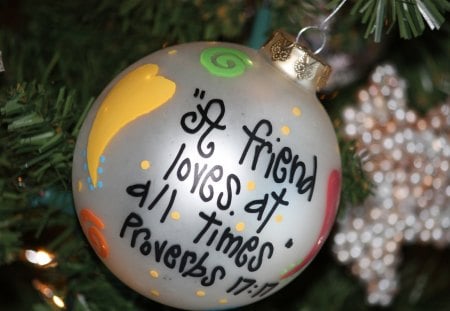 ~✿~ - winter, yellow, forever, ornament, true friendship, friend, love, quote, christmas tree, nature, silver, red, green, merry christmas