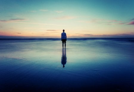 beautiful world - sad, alone, sea, man, reflection, sky