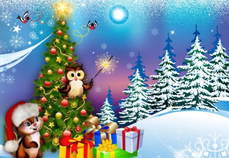 Natures Decorations - whimsical, stars, sky, trees, winter, christmas, presents, snow, owl, gifts, feliz navidad, chipmunk, birds