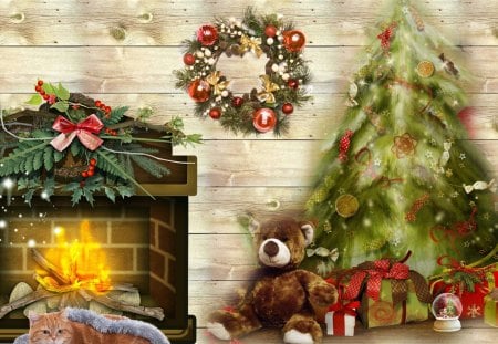 Warm Christmas Evening - fireplace, cat, warm, christmas, wreath, presents, fire, kitty, cozy, teddy bear, gift, feliz navidad, tree