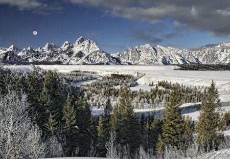 snowy mountains with moon background - moon, background, mountains, snowy