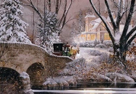 Winter afternoon - pretty, snowflakes, evening, snow, walk, holiday, frost, nice, cottage, house, winter, beautiful, lovely, village, christmas, afternoon, frozen, horses, lights, new year, snowing, painting, cold, ride, day, bridge