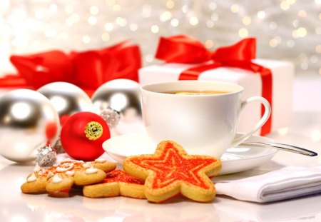 Time for tea - nice, new year, hot, time, cookies, balls, pretty, holiday, tea time, coffee, tea, lovely, cup, red, beautiful, decoration, cheristmas