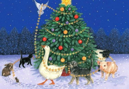 Holidays tree - pig, holiday, duck, tree, painting, snow, new year, art