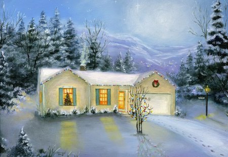 Silent night - blue, cabin, night, forest, light, mountain, holiday, nice, sky, clouds, house, beautiful, cottahe, lovely, village, christmas, nature, new year, painting, silent