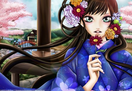 Anime girl - flower, sakura, young, anime, girl, art