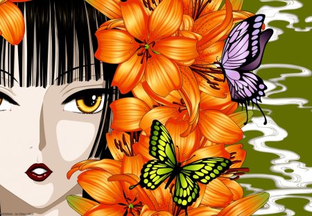 Pretty face - face, young, butterfly, art, girl, flower