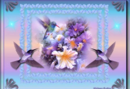 Pastel Hummingbirds - nature, hummingbirds, flowers, birds