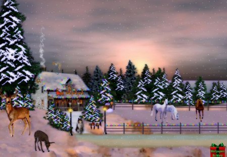 Peaceful Christmas - christmas, holidays, horses, deer