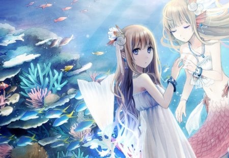 the girl and the mermaid - girls, girl, white dress, underwater, mermaid, coral reefs, anime, fish, cute