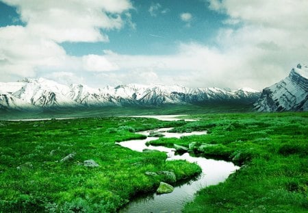 green landscape - river, nature, beautiful, green, sky