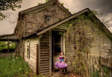 Wooden cotage - cottage, girl, nature, wood