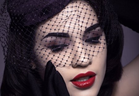 Under the veil - ring, under, face, red, black, beautiful, veil, brunette, hat, lips, gloves, woman