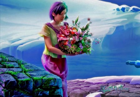 Woman With Flowers - woman, lake, snow, flowers, fantasy